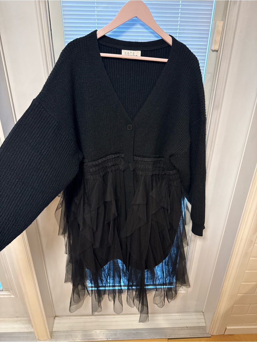 Kate Hewko Tulle Hem Black V‑Neck Sweater